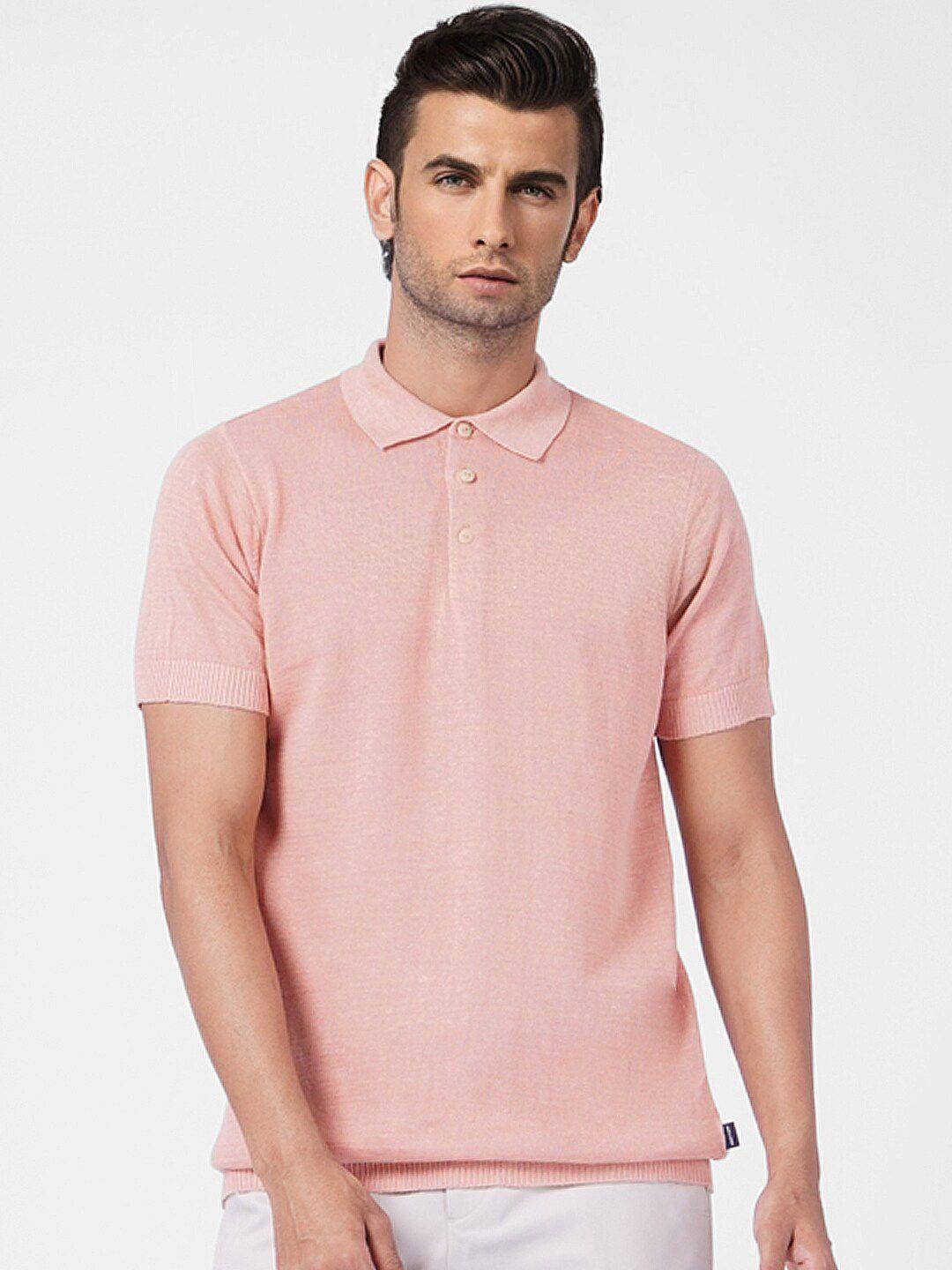 jack & jones men pink typography printed polo collar linen pockets t-shirt