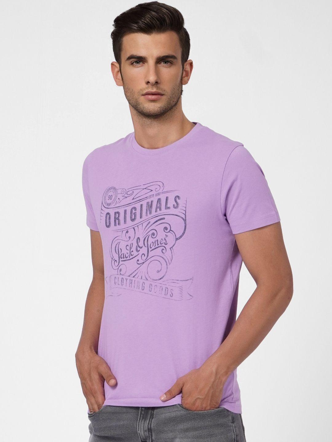 jack & jones men purple & black printed pure cotton slim fit t-shirt