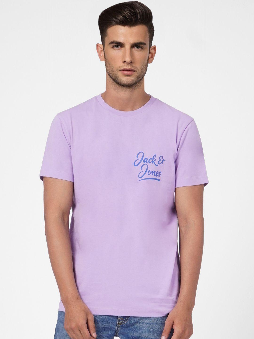 jack & jones men purple & blue printed slim fit pure cotton t-shirt