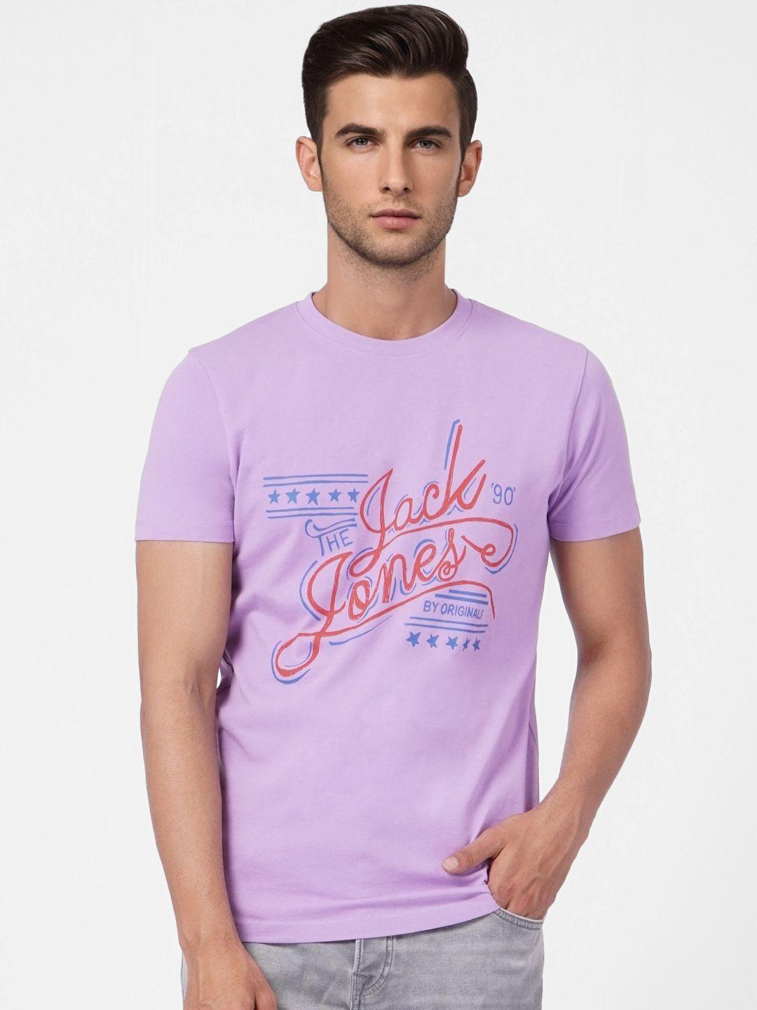 jack & jones men purple & multicoloured typography printed slim fit casual t-shirt