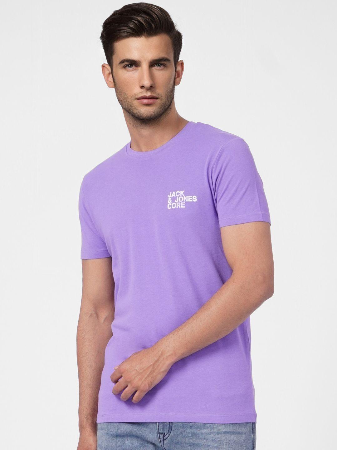 jack & jones men purple & off white typography printed slim fit pure cotton casual t-shirt
