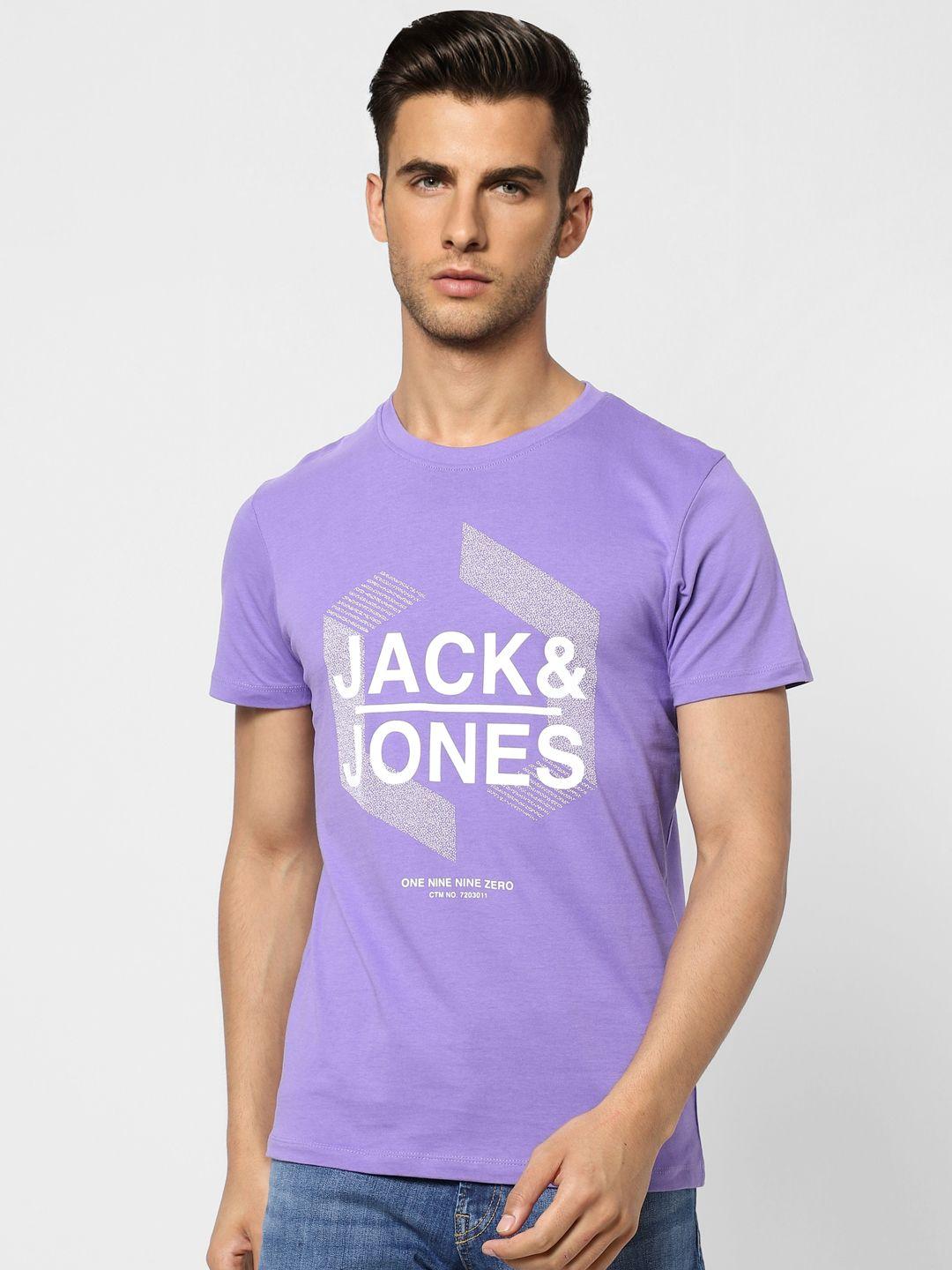 jack & jones men purple brand logo print round neck better cotton initiative t-shirt