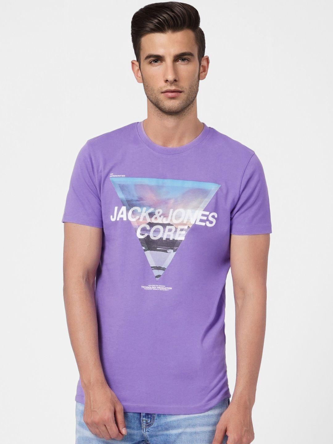 jack & jones men purple brand logo printed pure cotton t-shirt