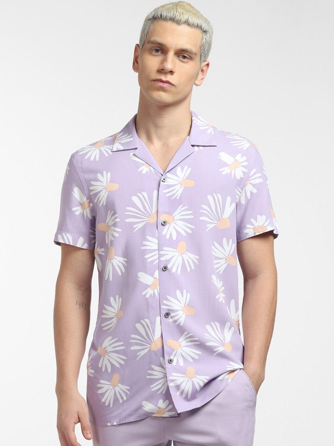 jack & jones men purple floral printed casual shirt