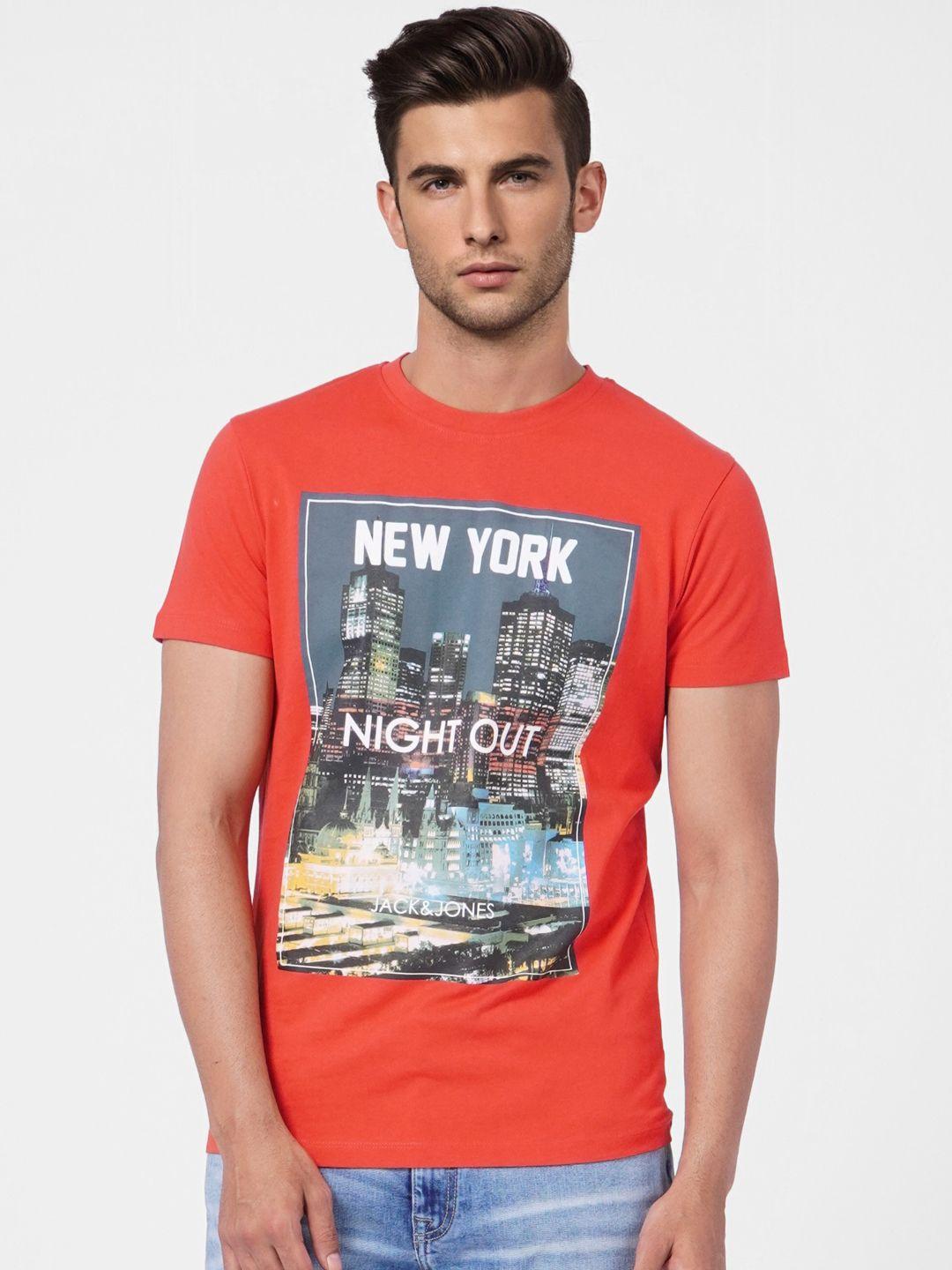 jack & jones men red & black printed pure cotton slim fit t-shirt