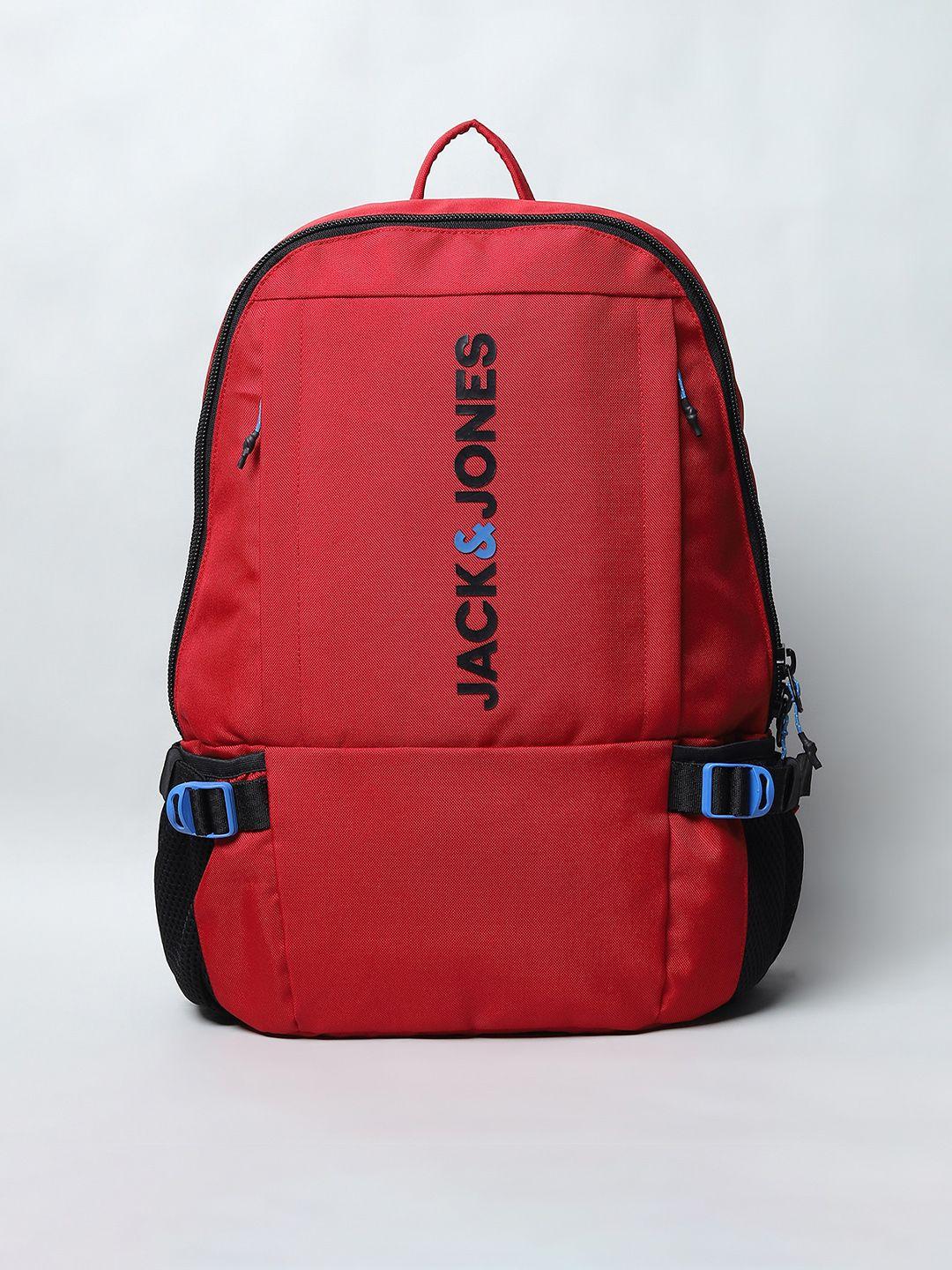 jack & jones men red & black typography backpack
