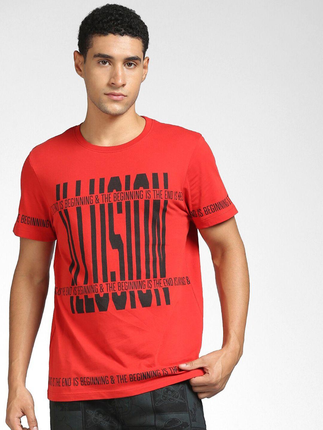 jack & jones men red & black typography printed cotton t-shirt