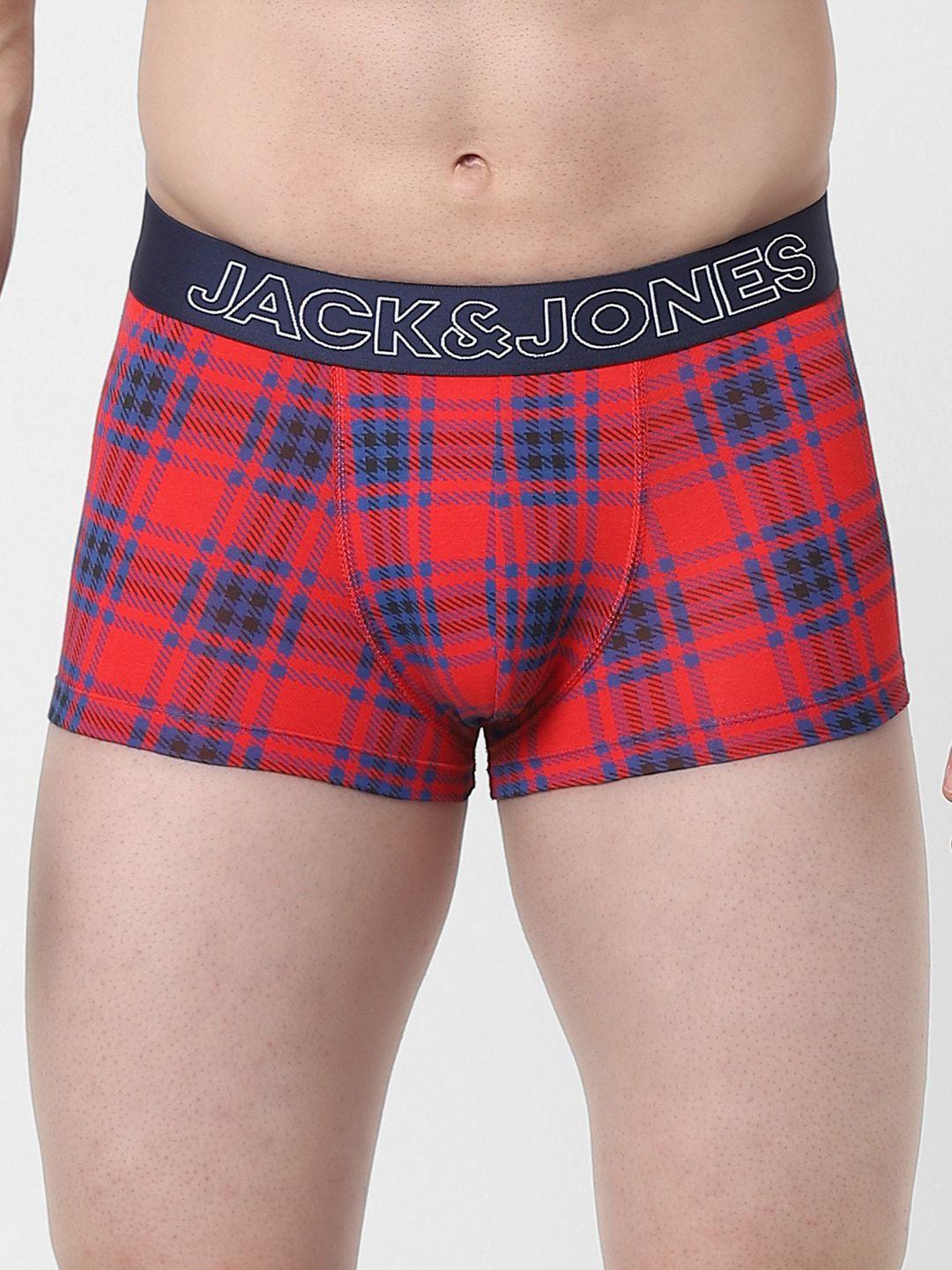 jack & jones men red & blue checked cotton basic brief