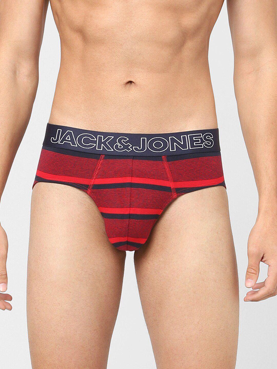 jack & jones men red & blue striped cotton basic briefs 116791901