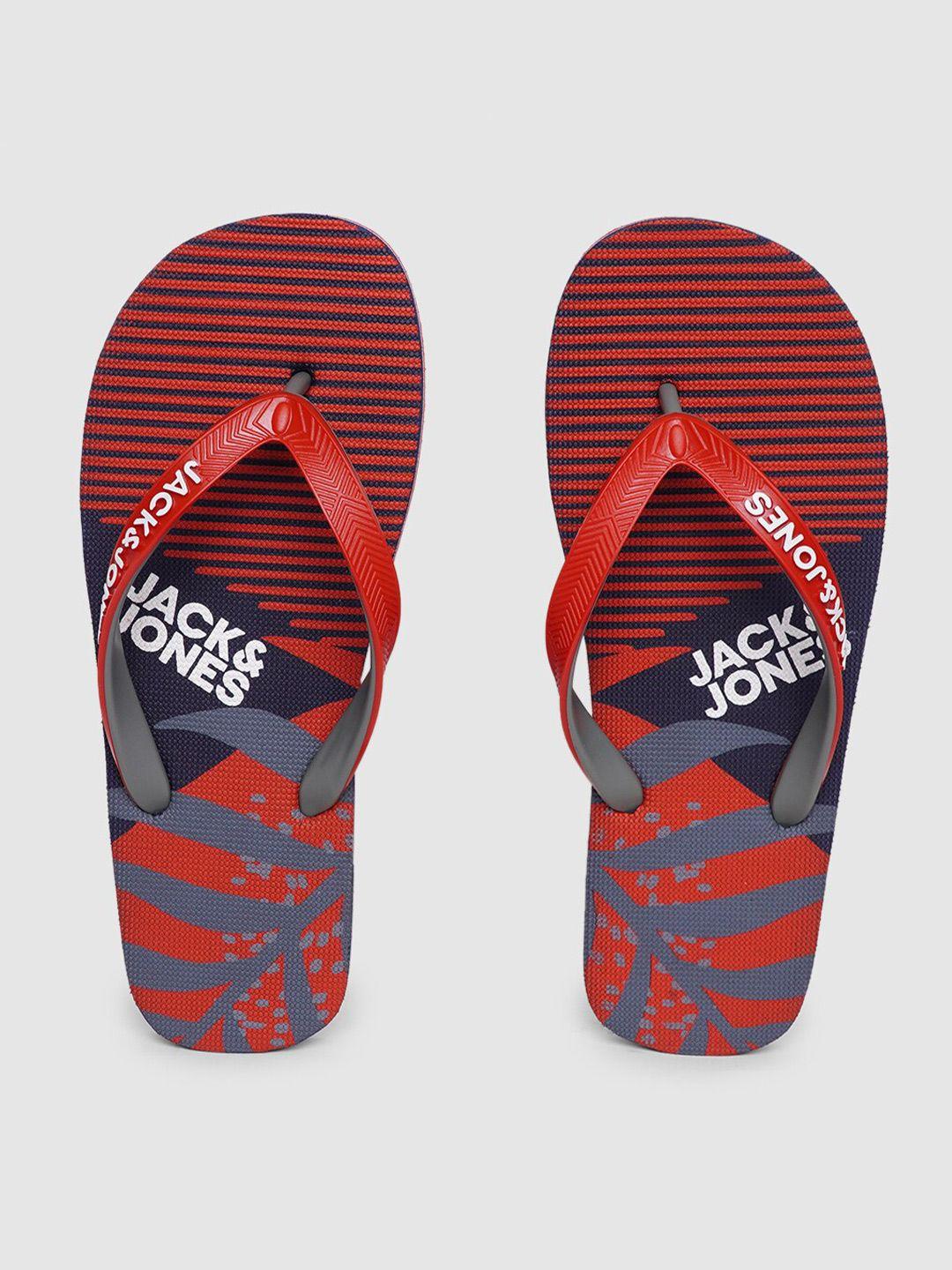 jack & jones men red & grey printed thong flip-flops