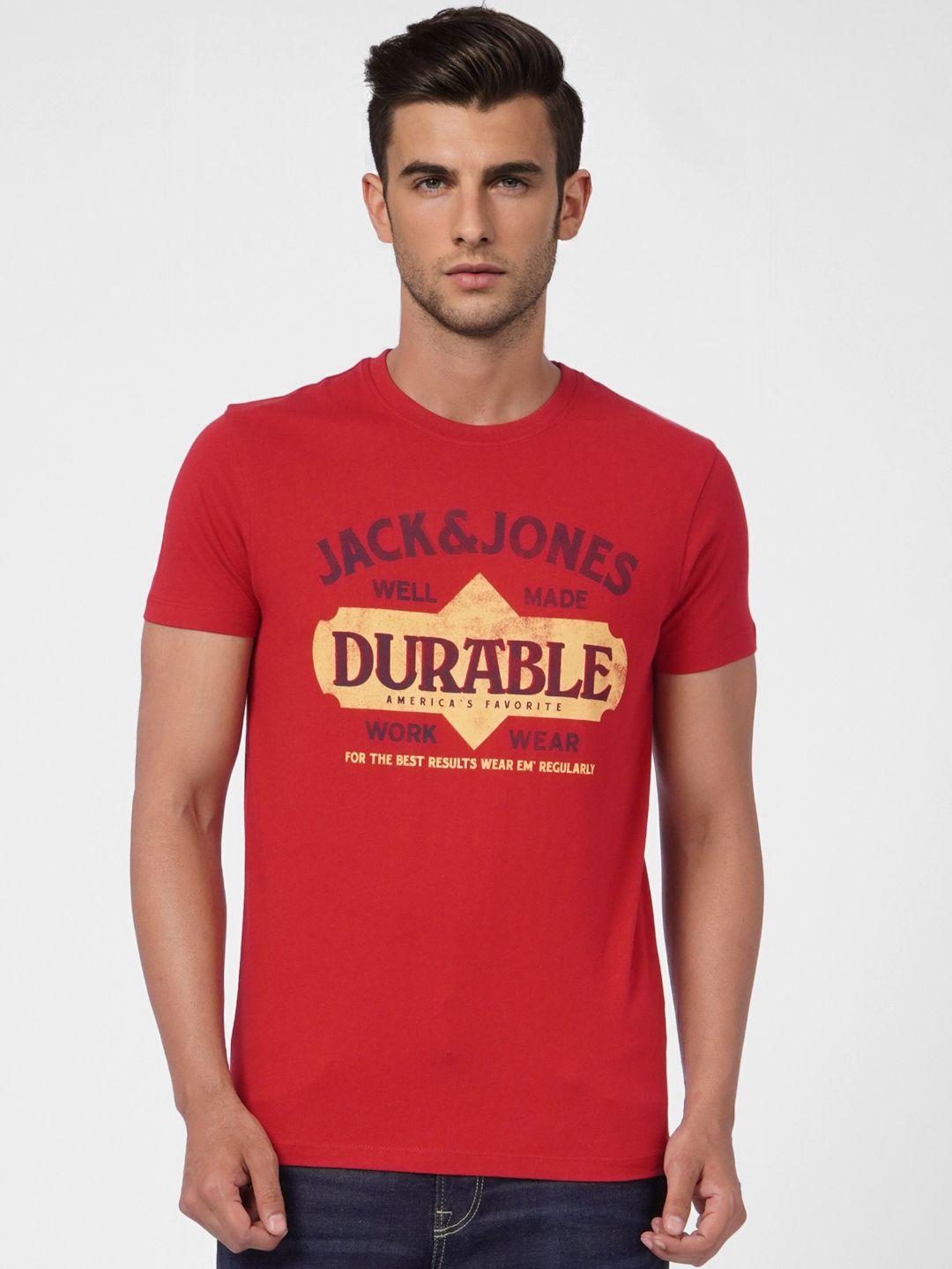 jack & jones men red & navy blue brand logo printed pure cotton slim fit t-shirt