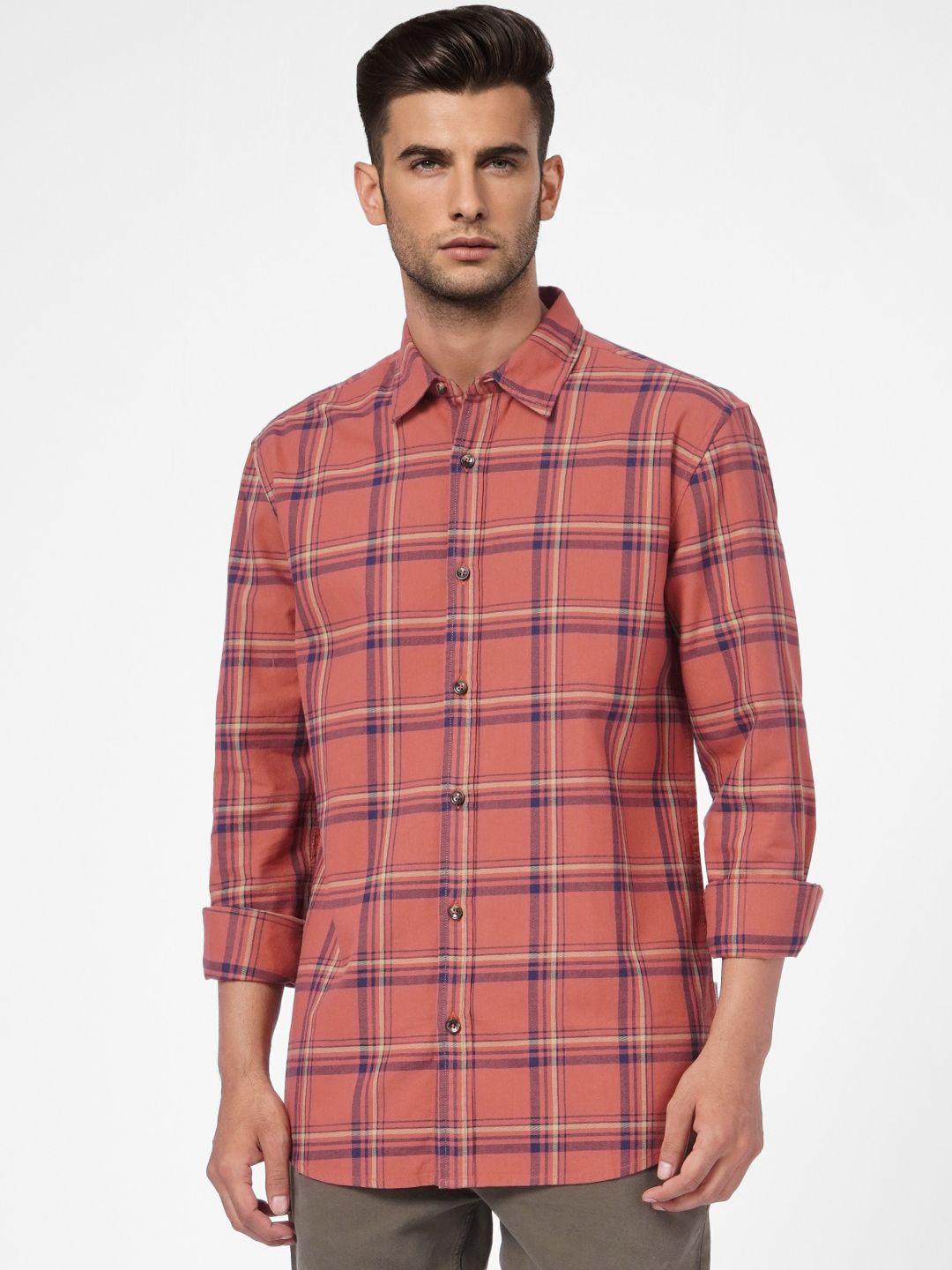 jack & jones men red & navy blue checked pure cotton casual shirt