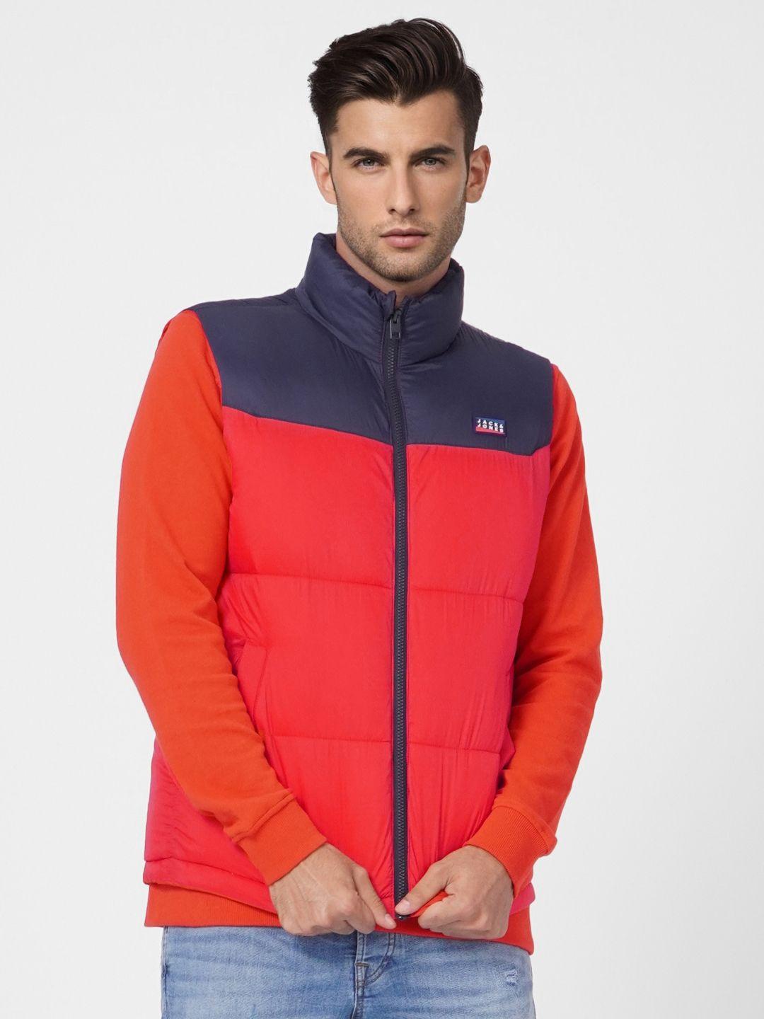 jack & jones men red & navy blue colourblocked padded jacket