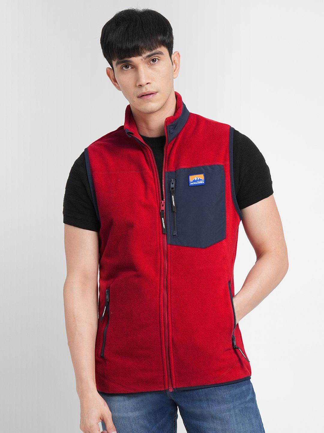 jack & jones men red & navy blue colourblocked tailored jacket