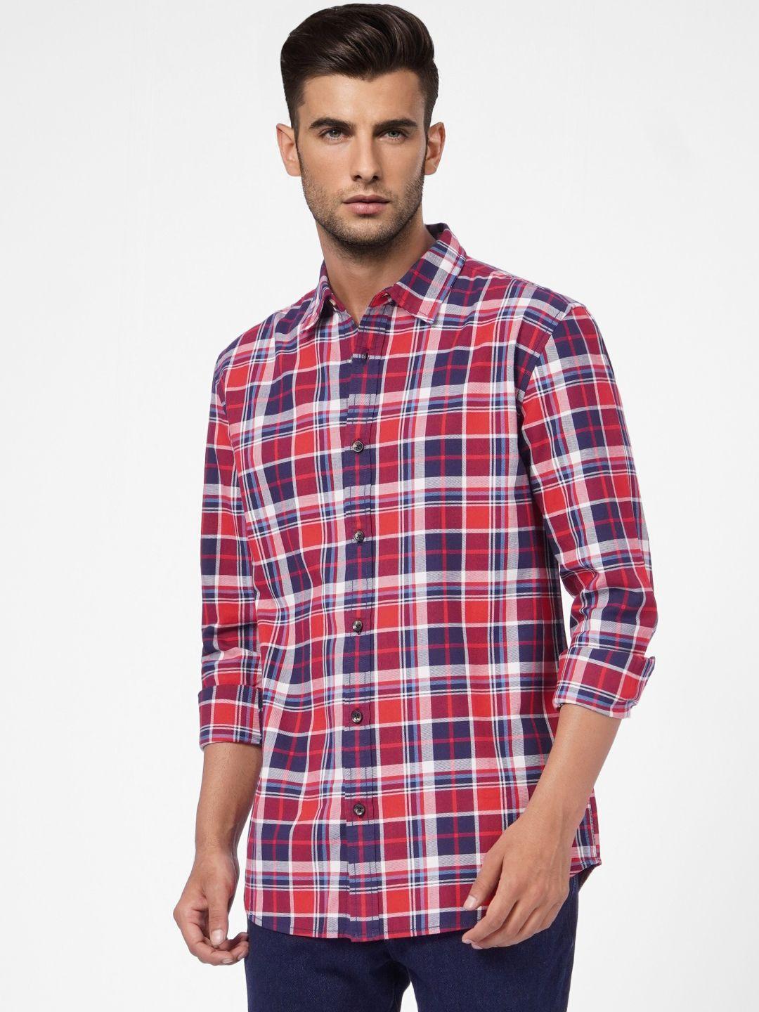 jack & jones men red & pink checked pure cotton casual shirt