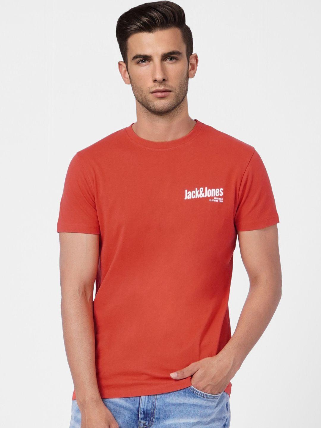 jack & jones men red & white brand logo printed pure cottonslim fit t-shirt