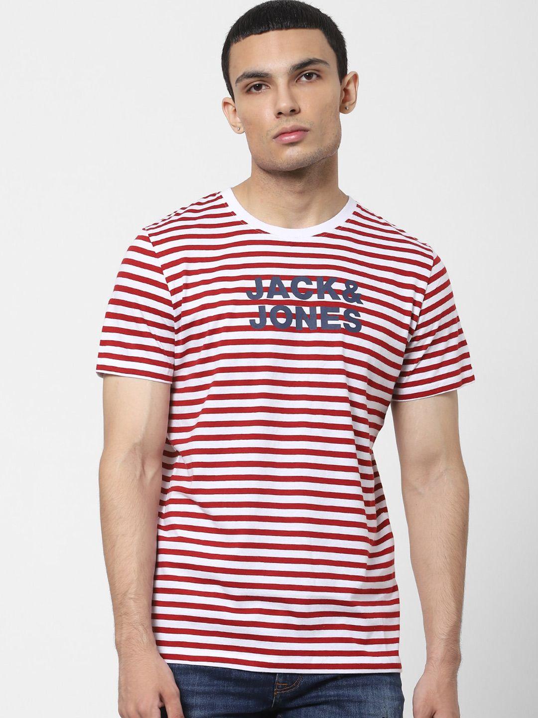 jack & jones men red & white horizontal striped casual t-shirt
