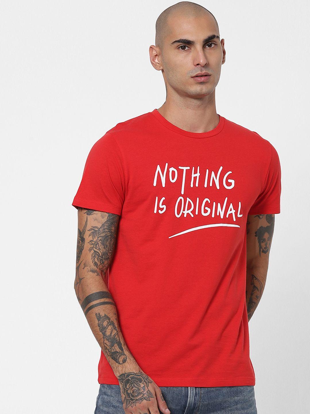 jack & jones men red & white typography printed slim fit t-shirt
