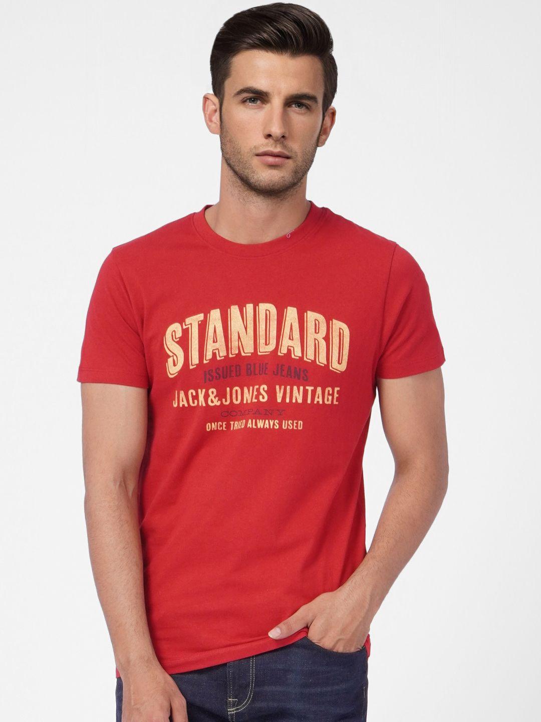 jack & jones men red & yellow printed slim fit pure cotton t-shirt