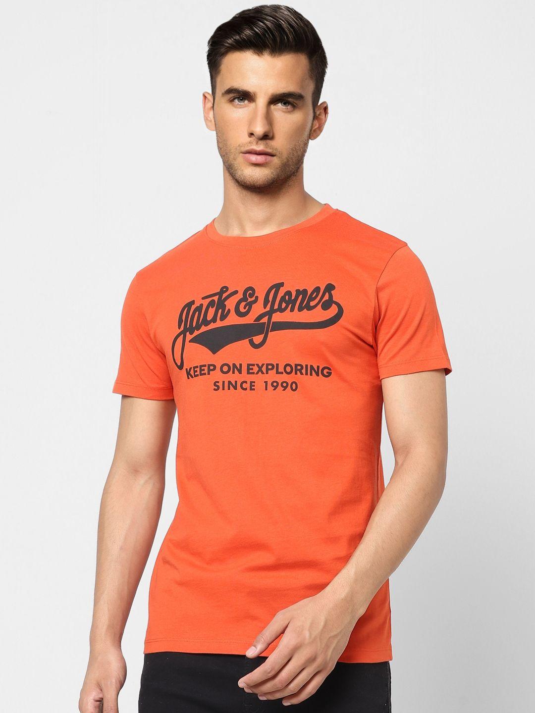jack & jones men red brand logo printed pure cotton slim fit t-shirt