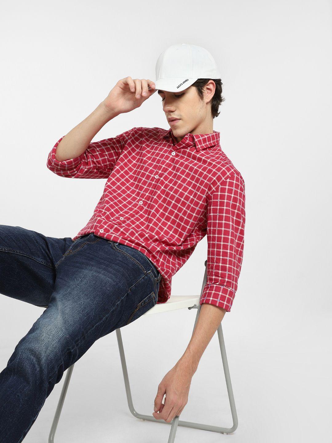 jack & jones men red checked casual shirt