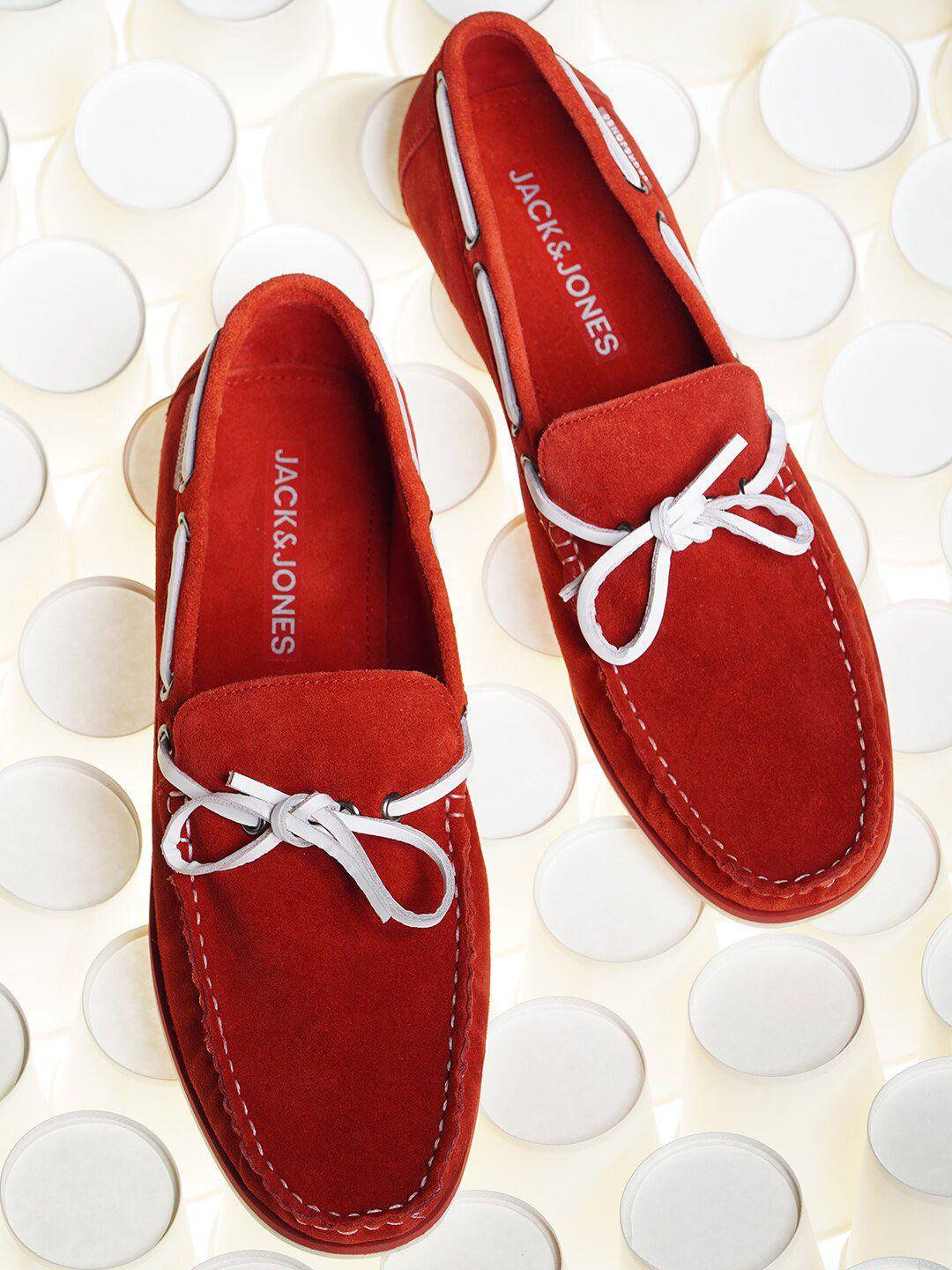 jack & jones men red colourblocked leather boat shoes