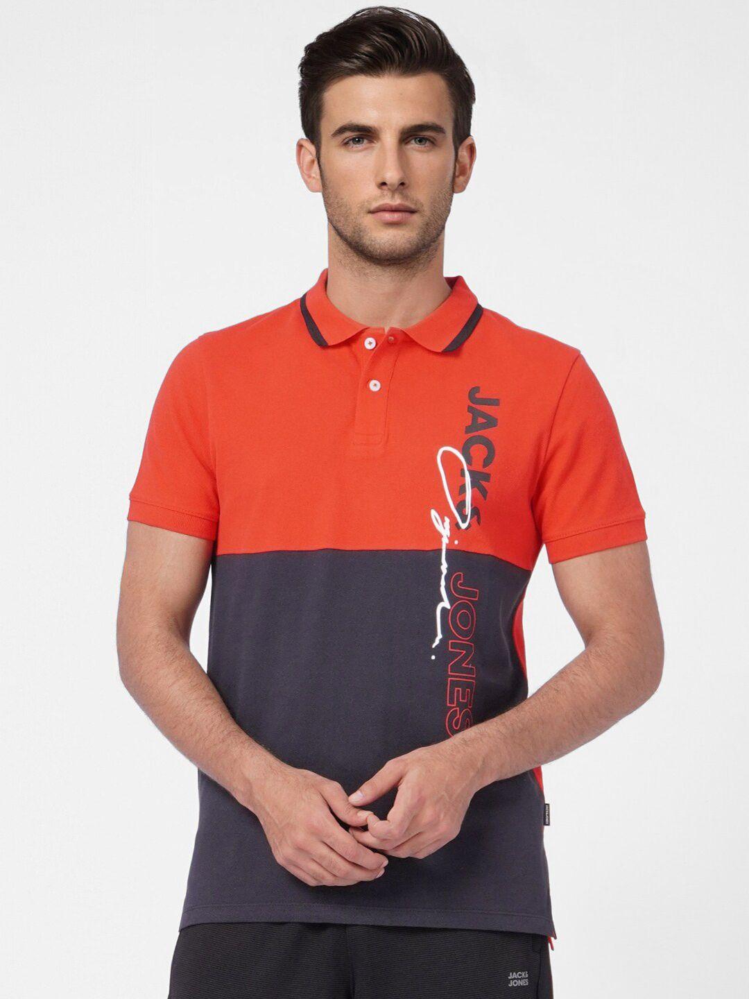 jack & jones men red colourblocked polo collar slim fit cotton t-shirt