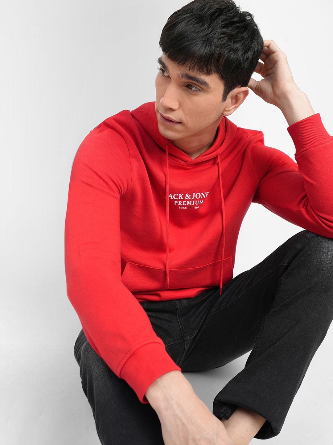 jack & jones men red printed hooded sweatshirt