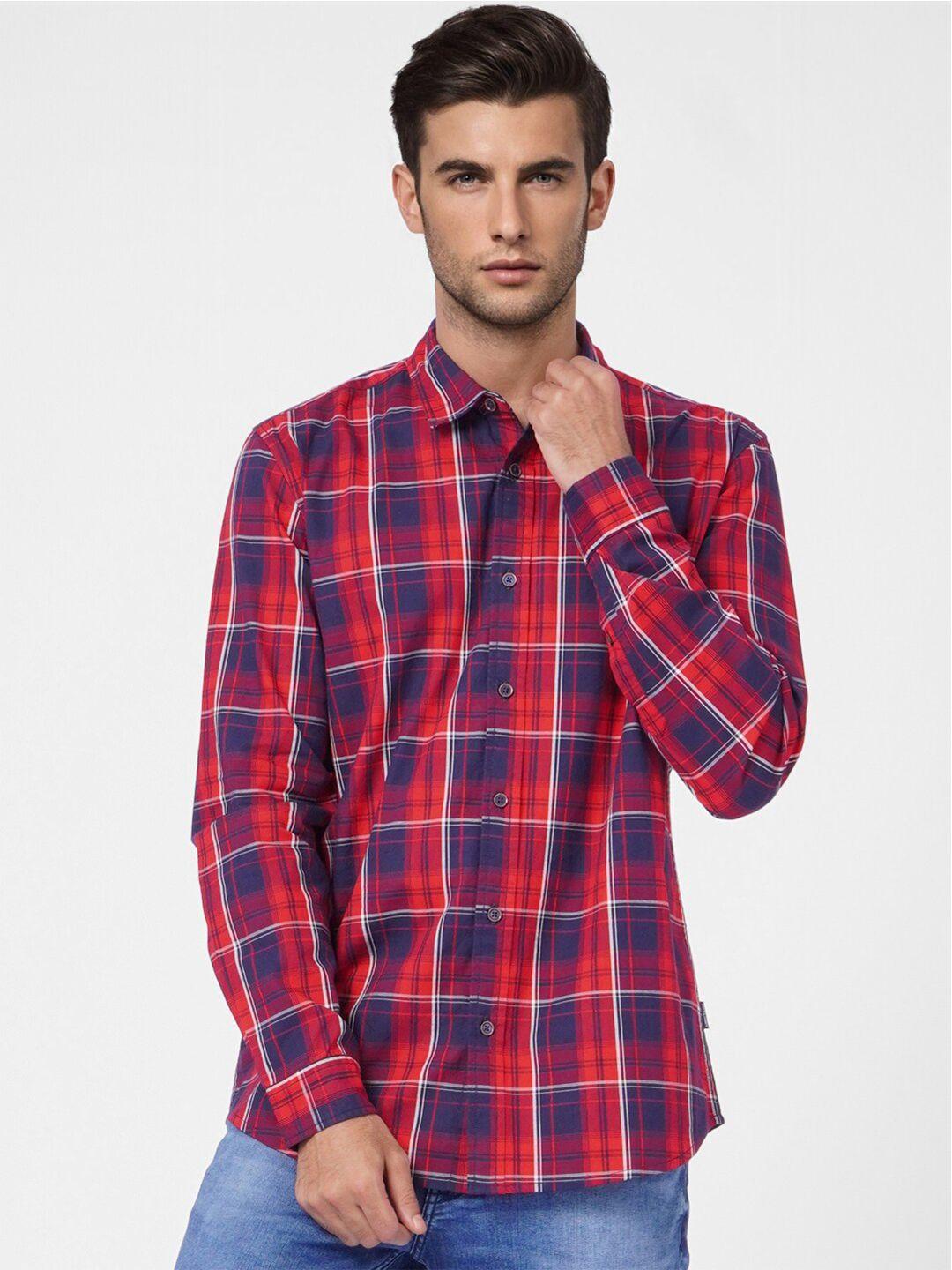 jack & jones men red slim fit tartan checks checked casual shirt