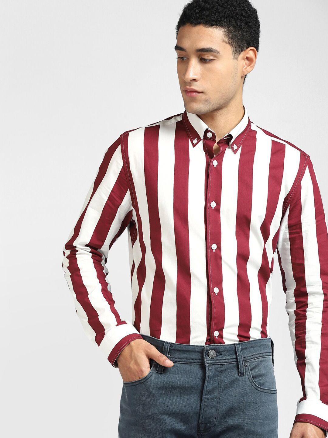 jack & jones men red striped slim fit cotton casual shirt