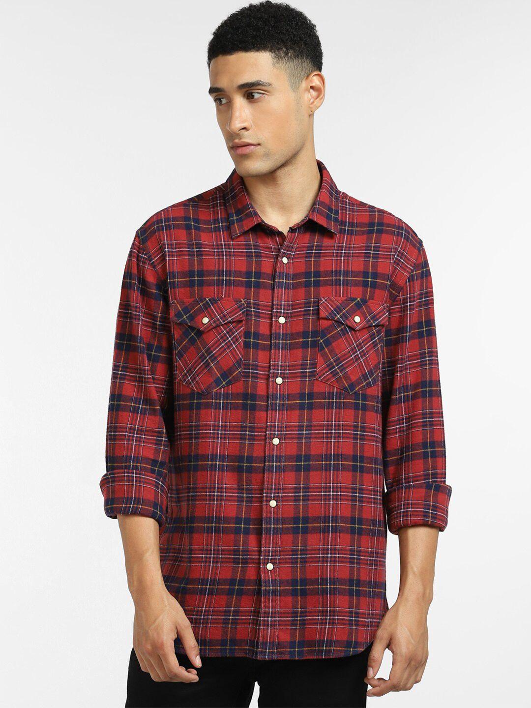 jack & jones men red tartan checks checked casual shirt