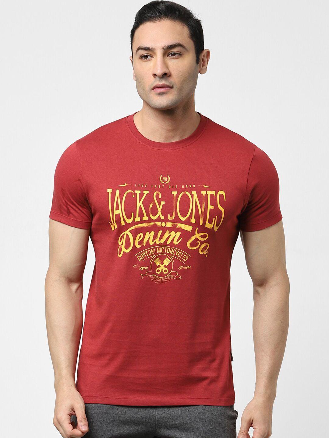 jack & jones men red typography printed t-shirt