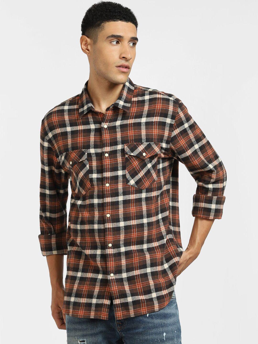 jack & jones men rust & black tartan checks checked casual shirt