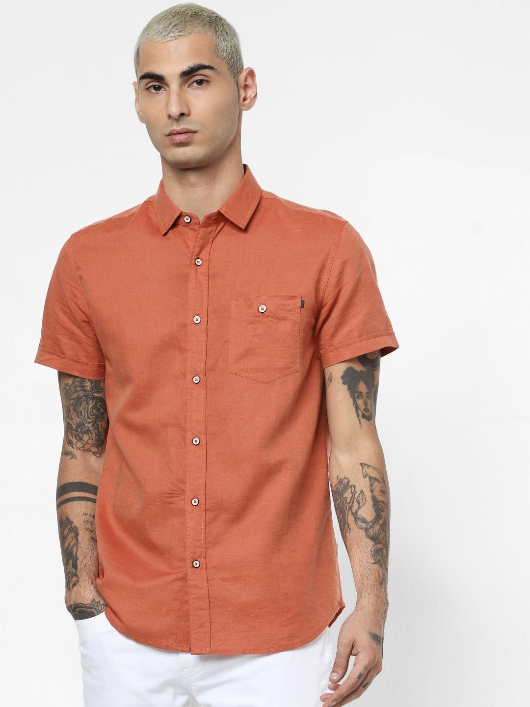 jack & jones men rust orange regular fit solid casual shirt