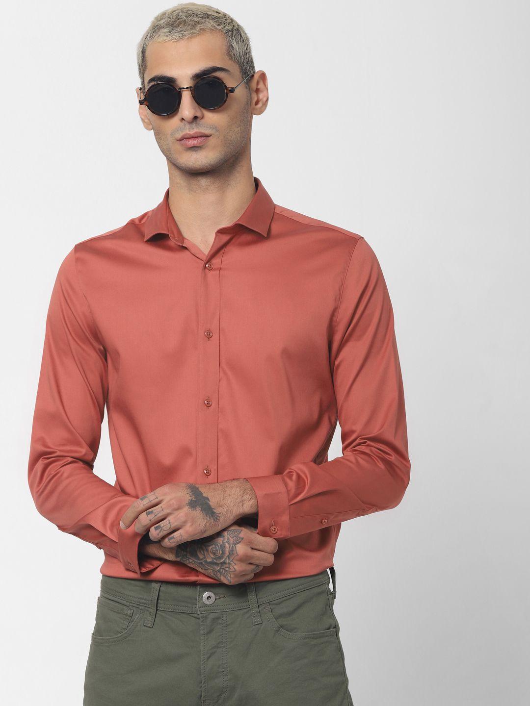 jack & jones men rust red slim fit solid casual shirt