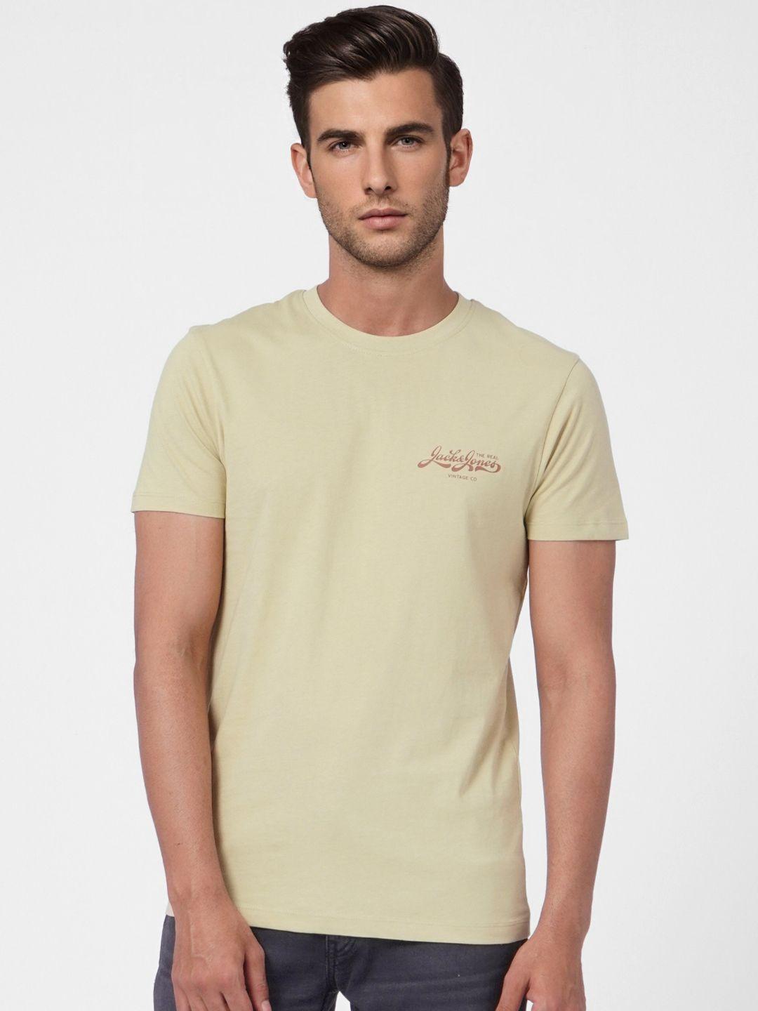 jack & jones men sage green & brown printed pure cotton slim fit t-shirt