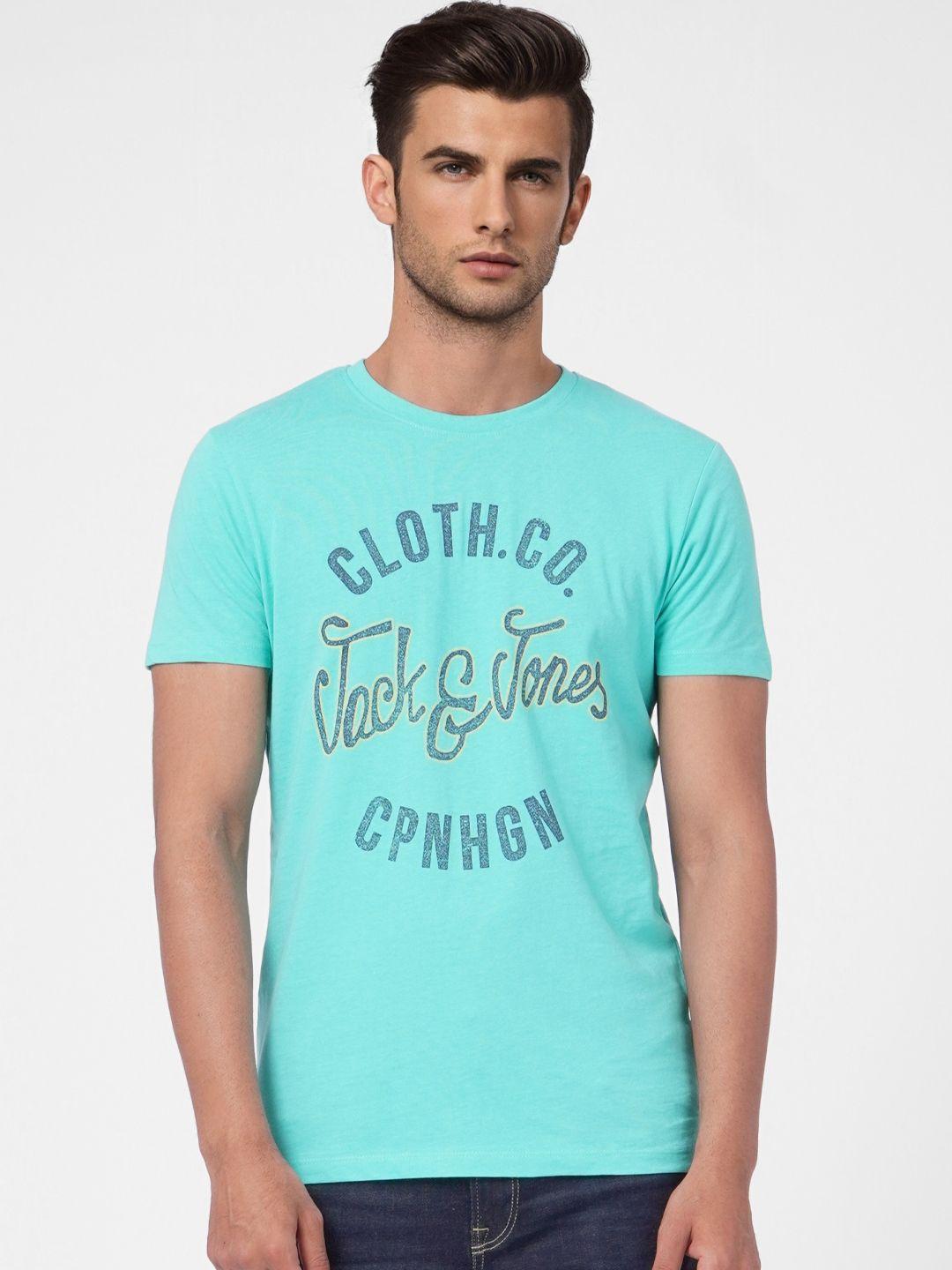 jack & jones men sea green & multicoloured typography printed slim fit casual t-shirt