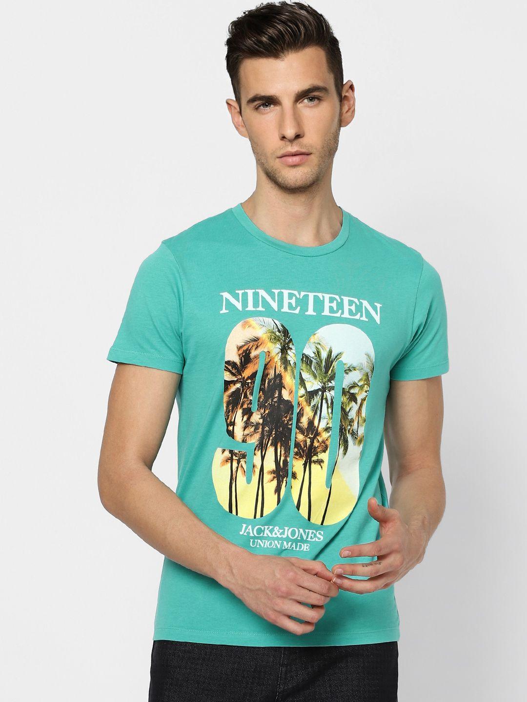 jack & jones men sea green printed round neck t-shirt