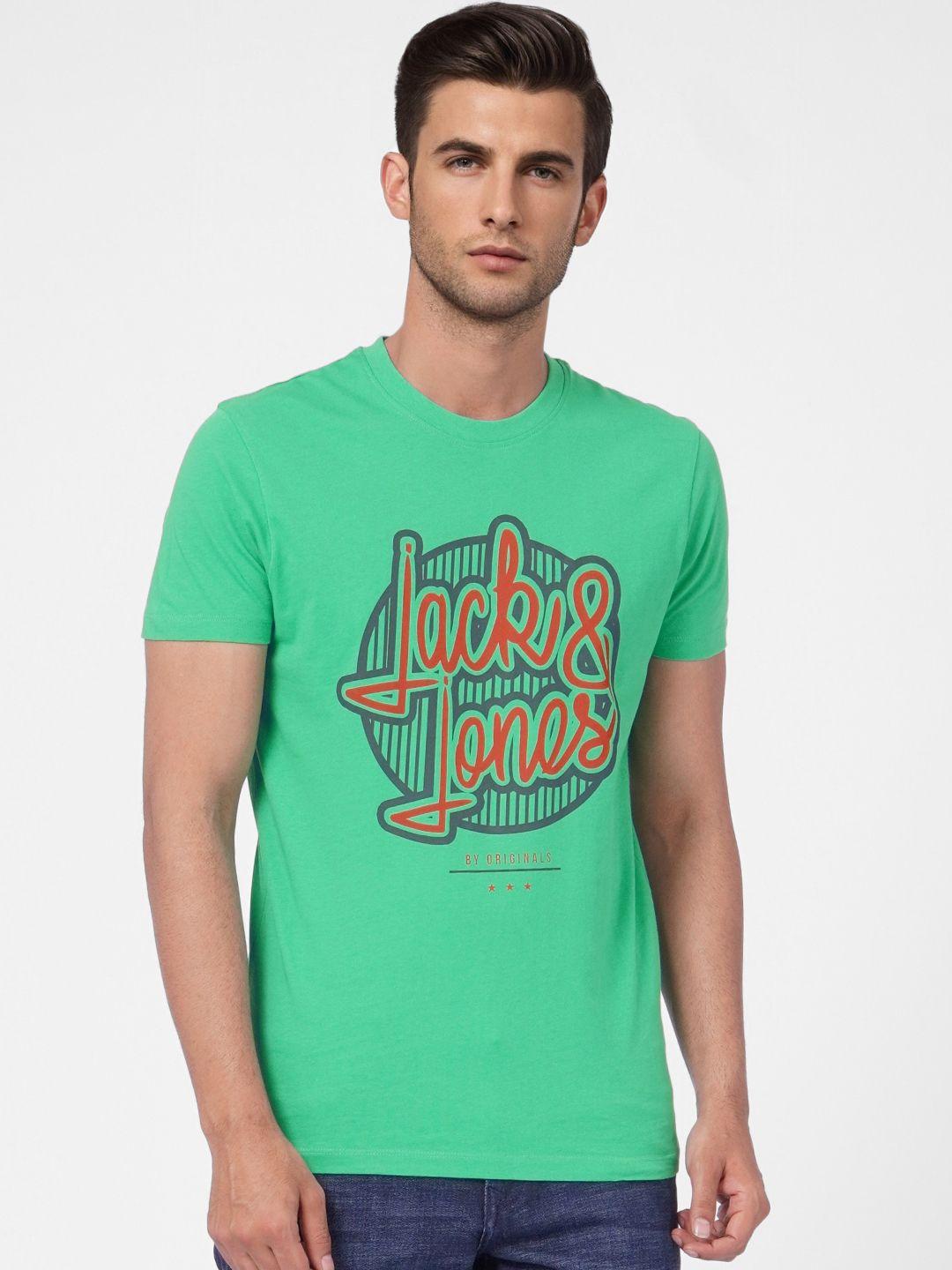 jack & jones men sea green printed slim fit pure cotton casual t-shirt