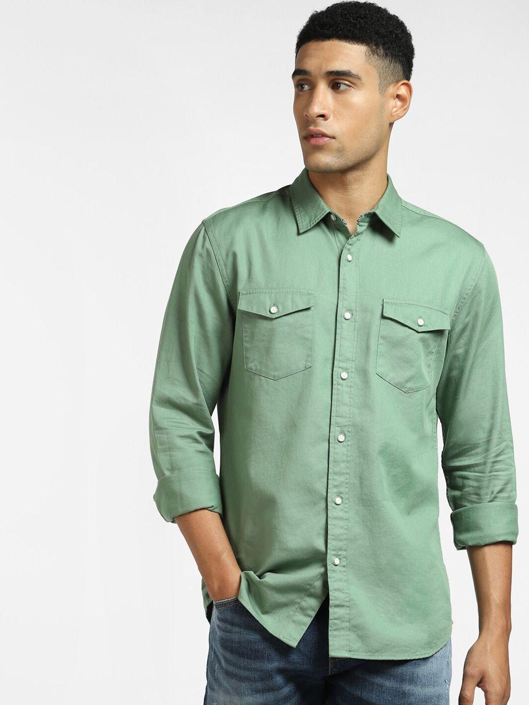 jack & jones men sea green solid regular fit cotton casual shirt