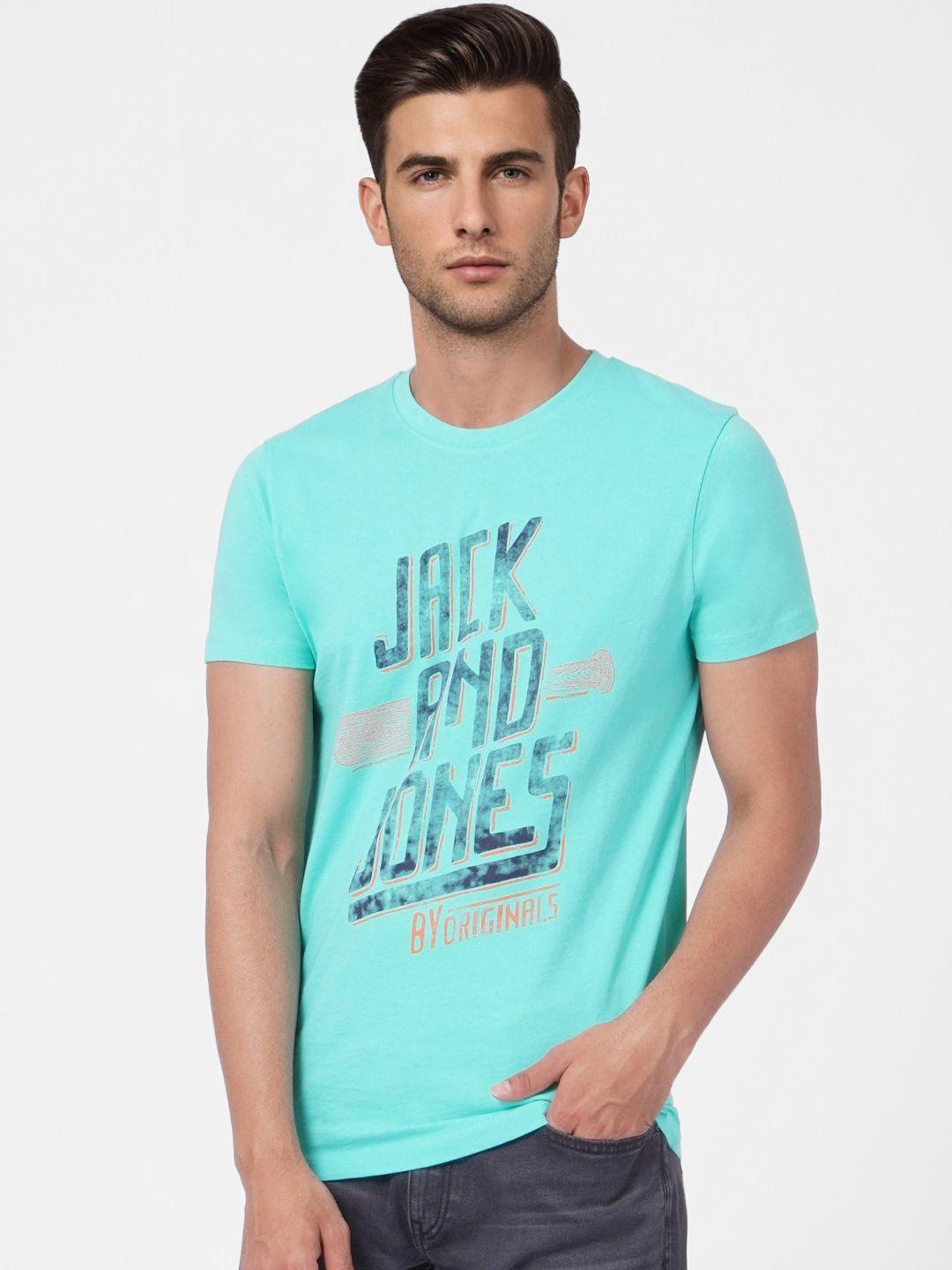 jack & jones men sea green typography printed pure cotton slim fit t-shirt