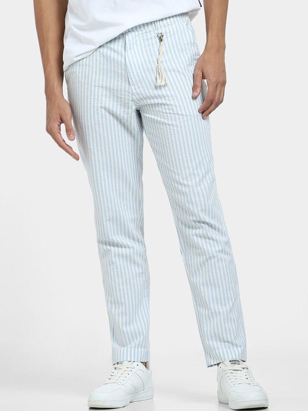 jack & jones men striped cotton flat-front plain mid-rise trousers