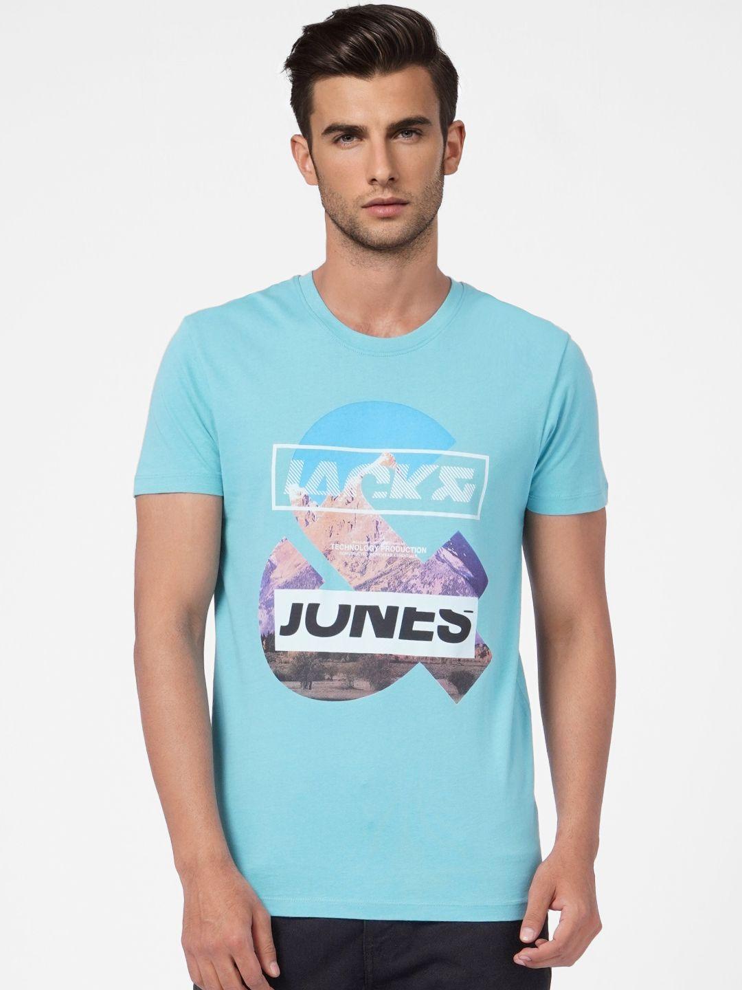 jack & jones men turquoise blue brand logo printed pure cotton t-shirt