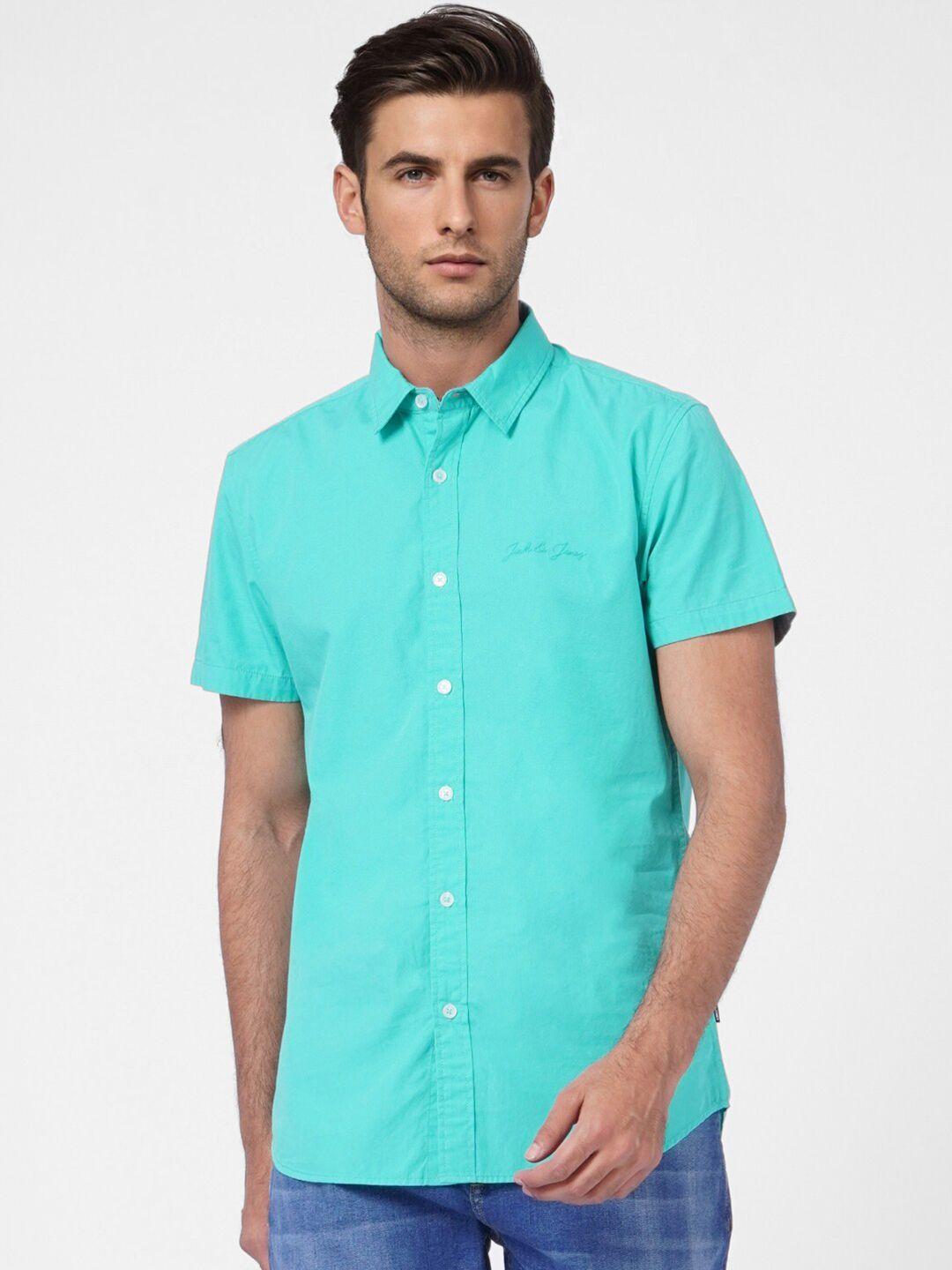 jack & jones men turquoise blue cotton slim fit casual shirt