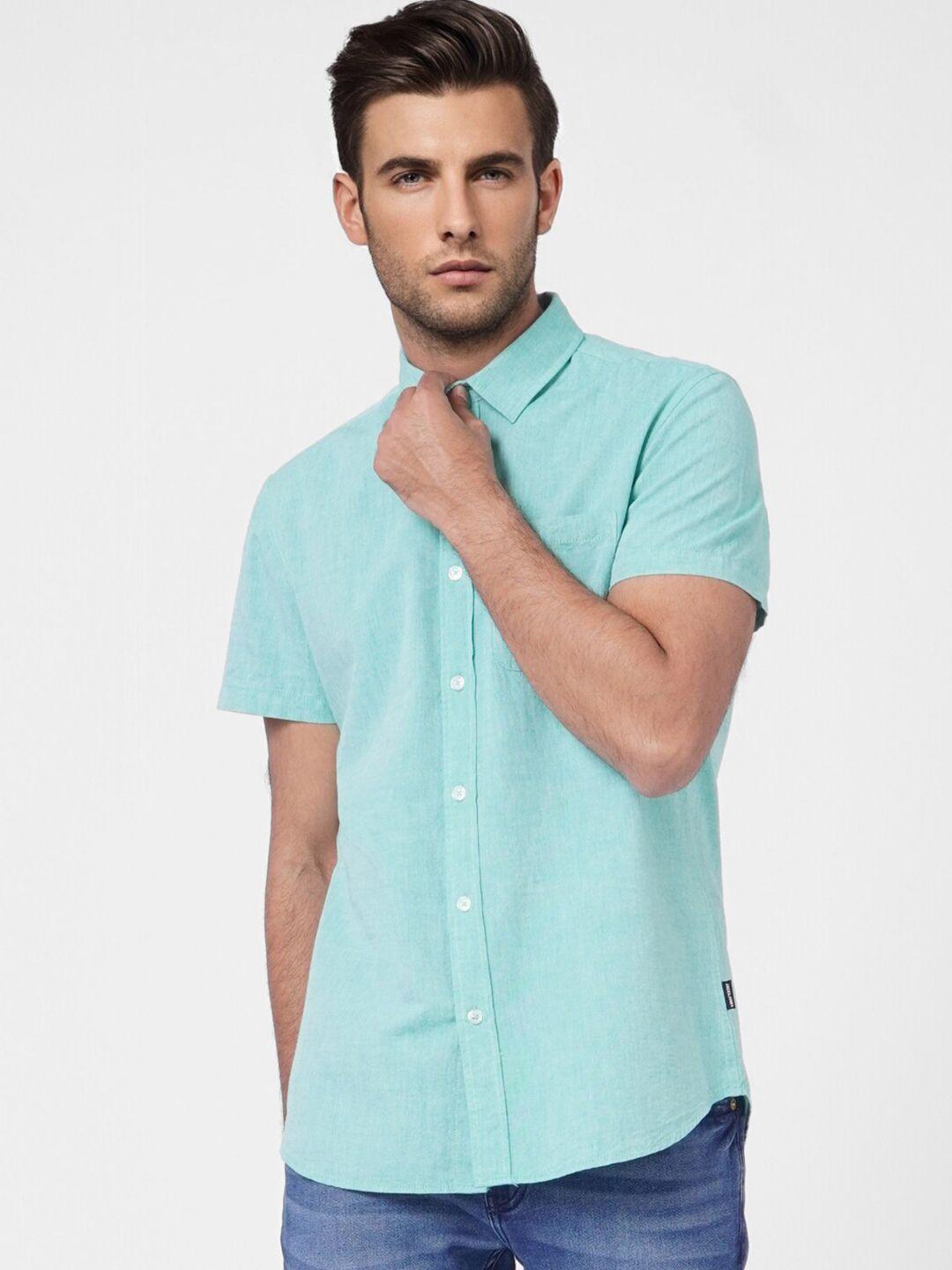 jack & jones men turquoise blue cotton slim fit casual shirt