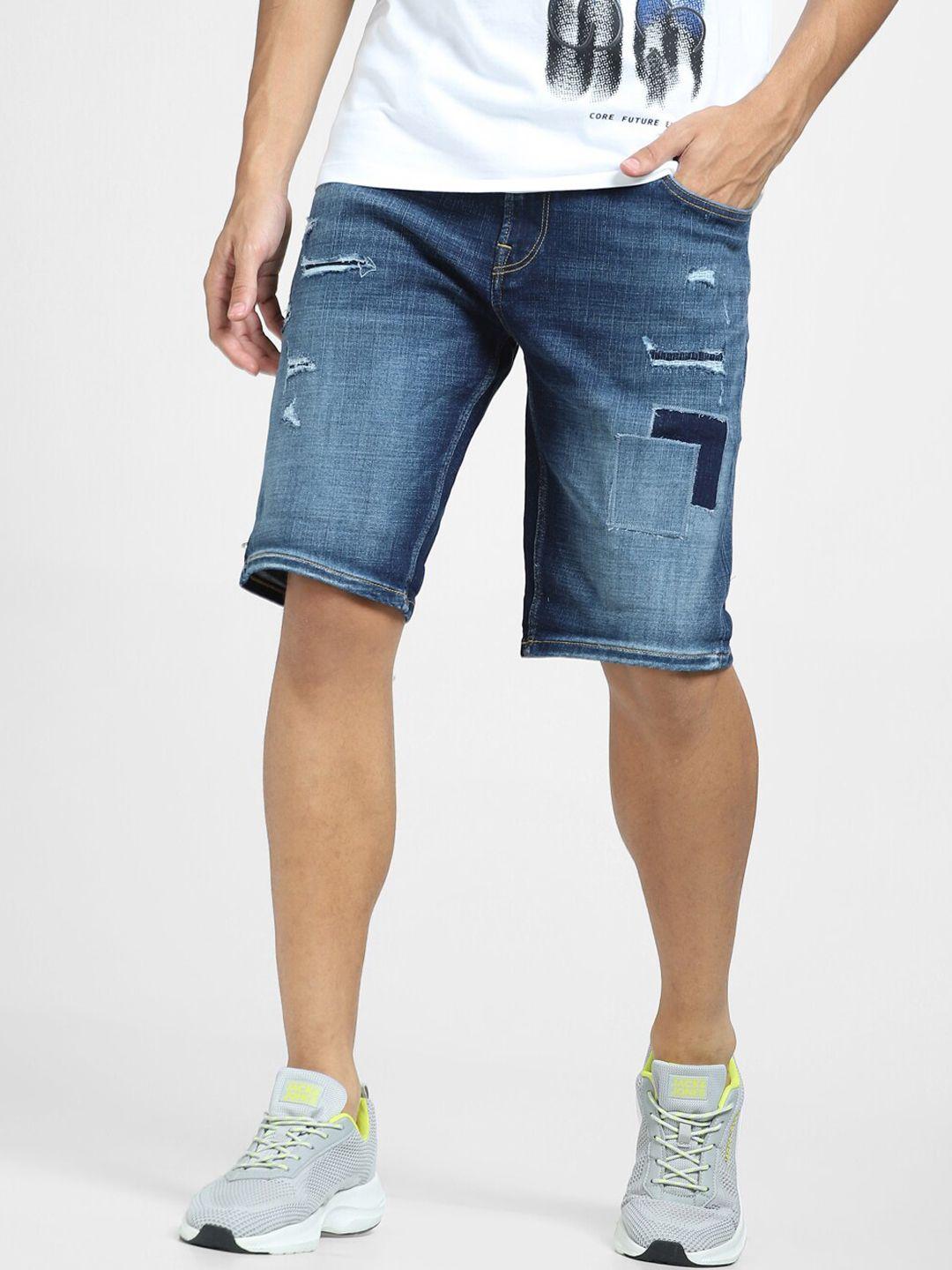 jack & jones men washed distressed mid-rise denim shorts