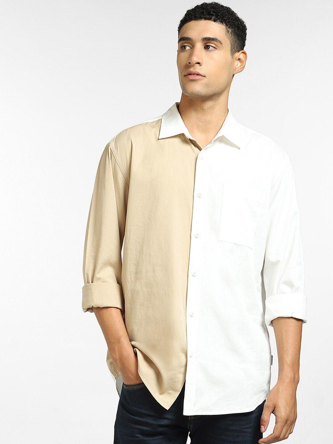 jack & jones men white & beige colourblocked casual shirt