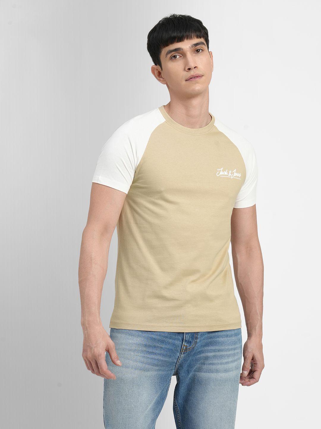 jack & jones men white & beige colourblocked slim fit pure cotton t-shirt
