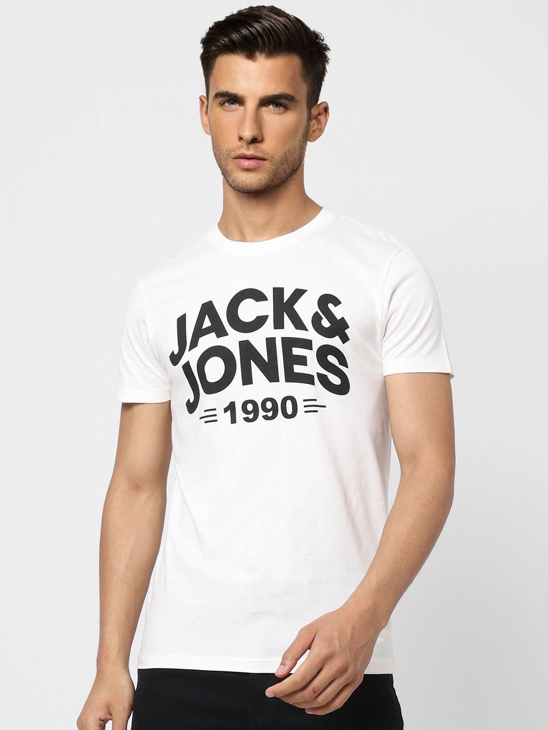 jack & jones men white & black brand logo printed pure cotton slim fit t-shirt