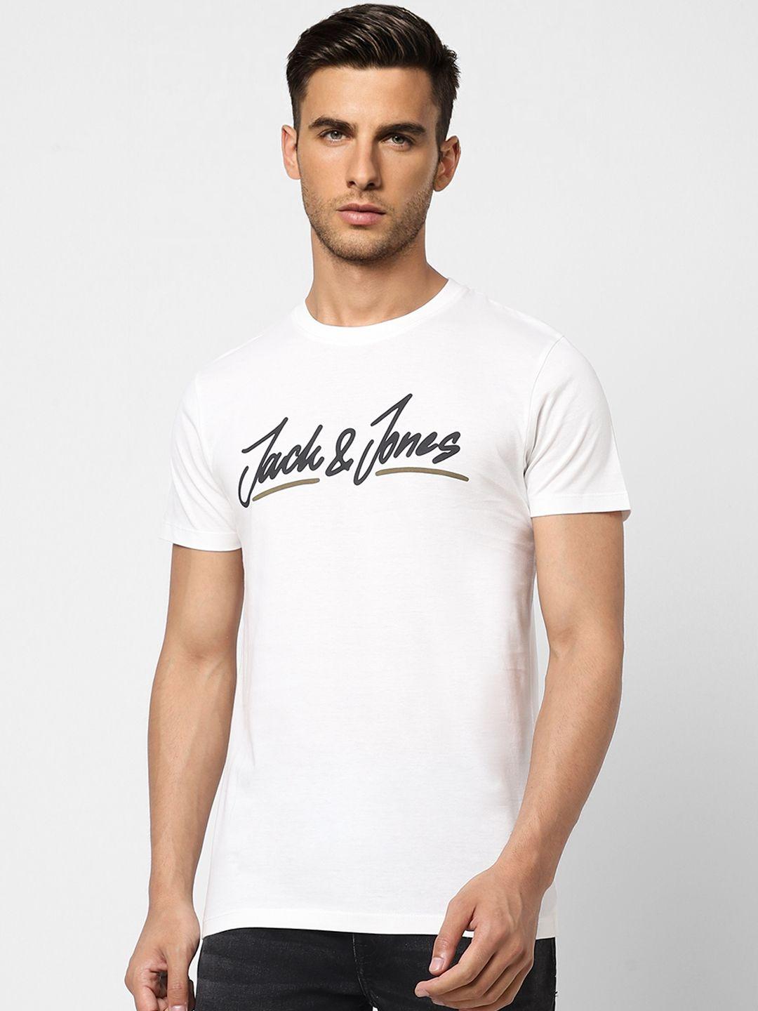 jack & jones men white & black brand logo printed pure cotton slim fit t-shirt